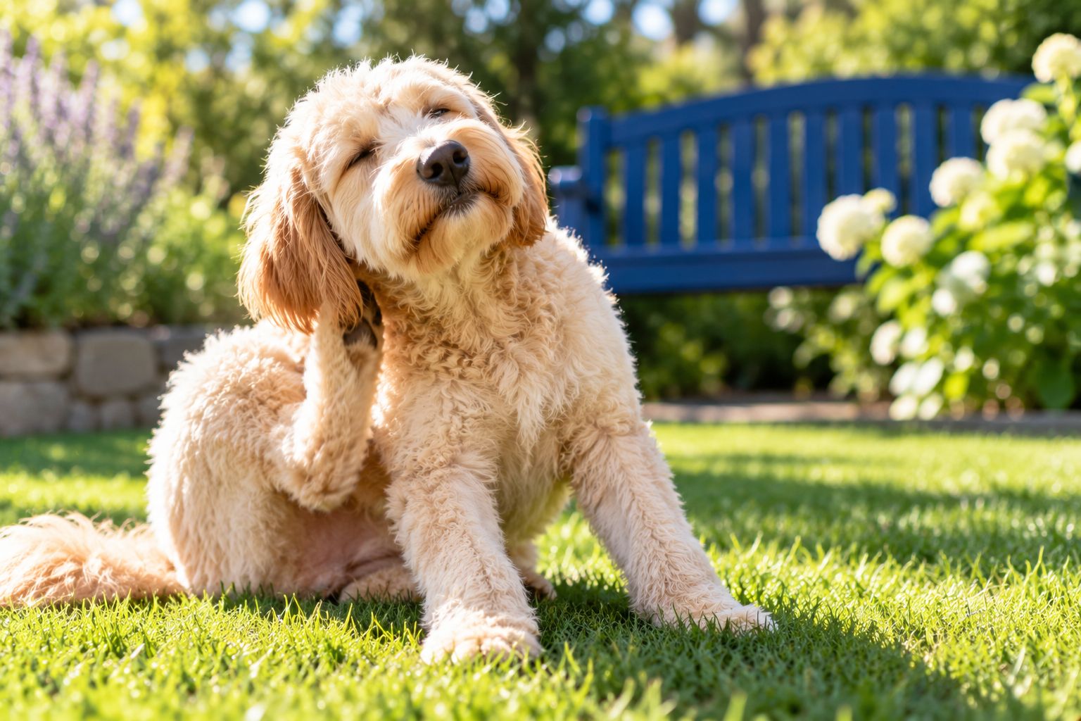 A labradoodle scratching behind its ear on a lawn
