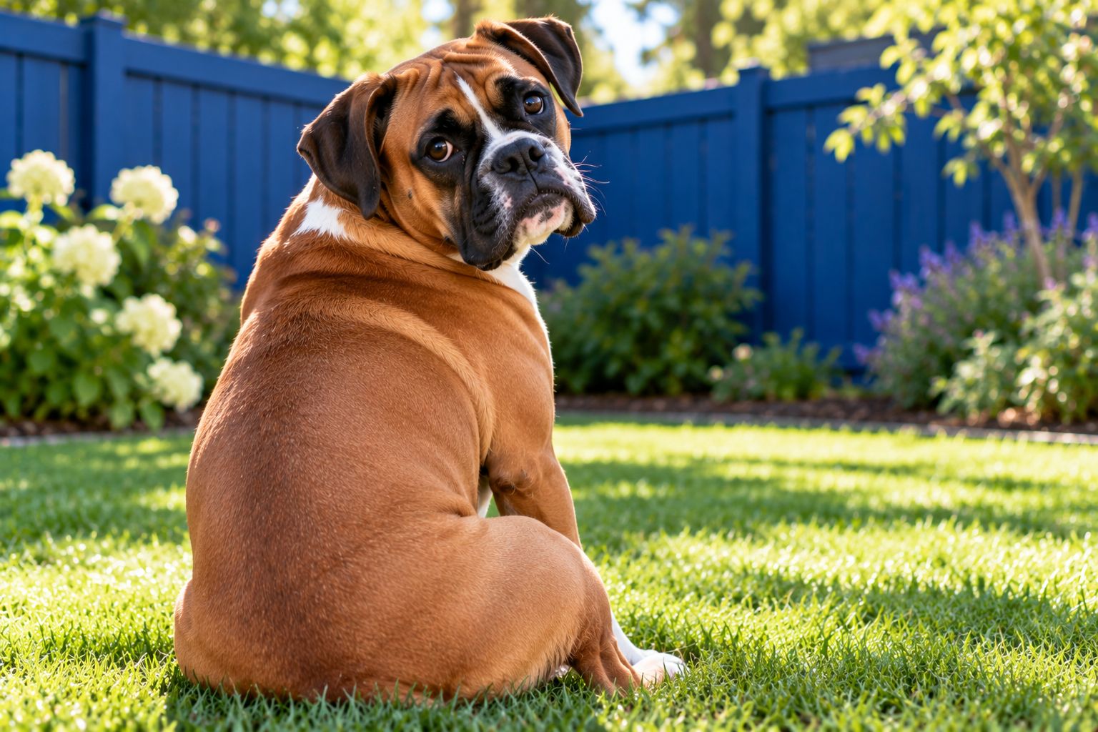 A boxer sitting on a lawn looking back over its shoulder