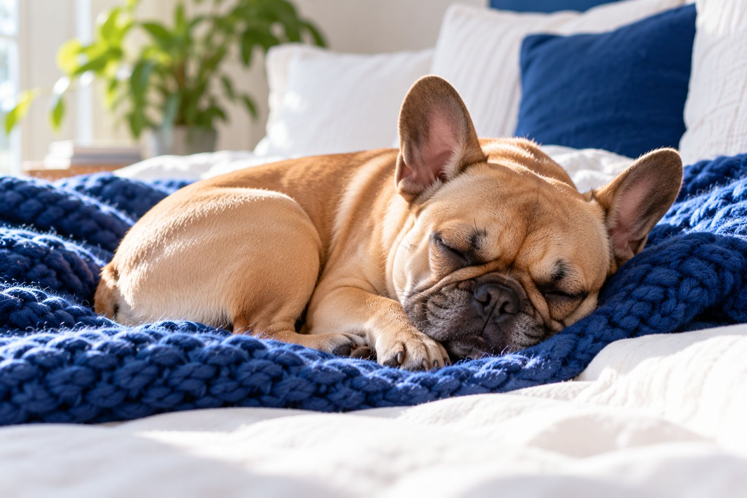 A French bulldog asleep on a blue knit blanket