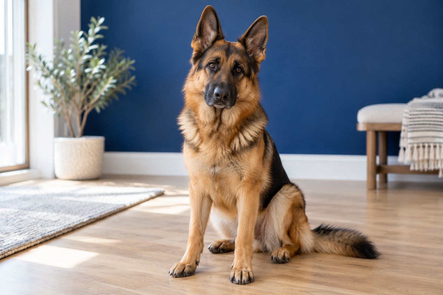A German shepherd sitting in front of a blue wall