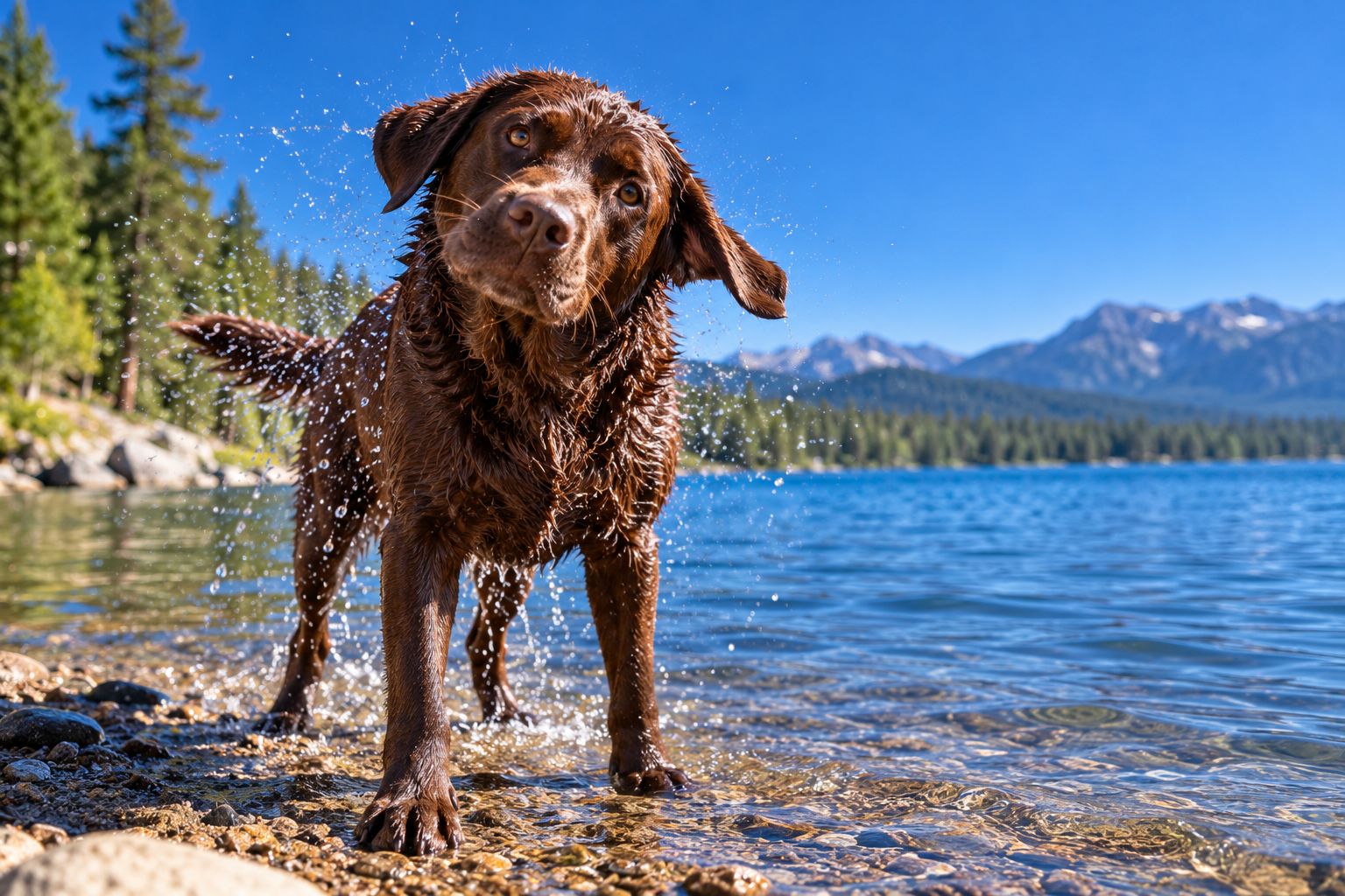 A chocolate Labrador with a glossy wet coat at the edge of a lake