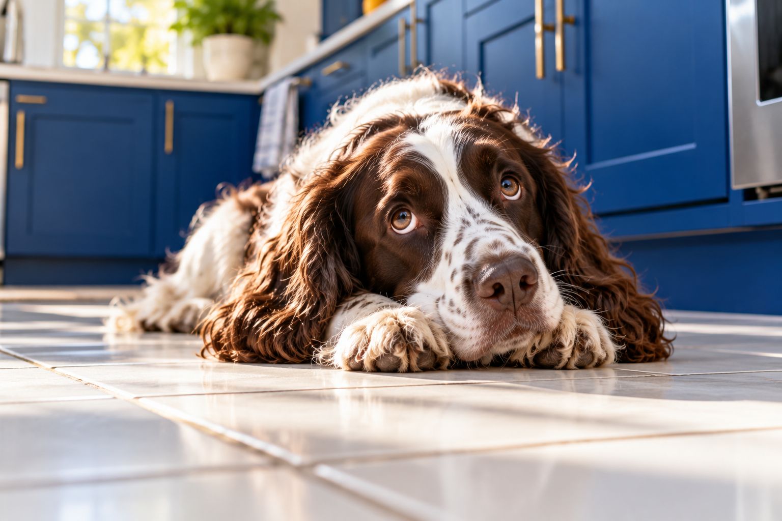 A springer spaniel resting on a kitchen floor
