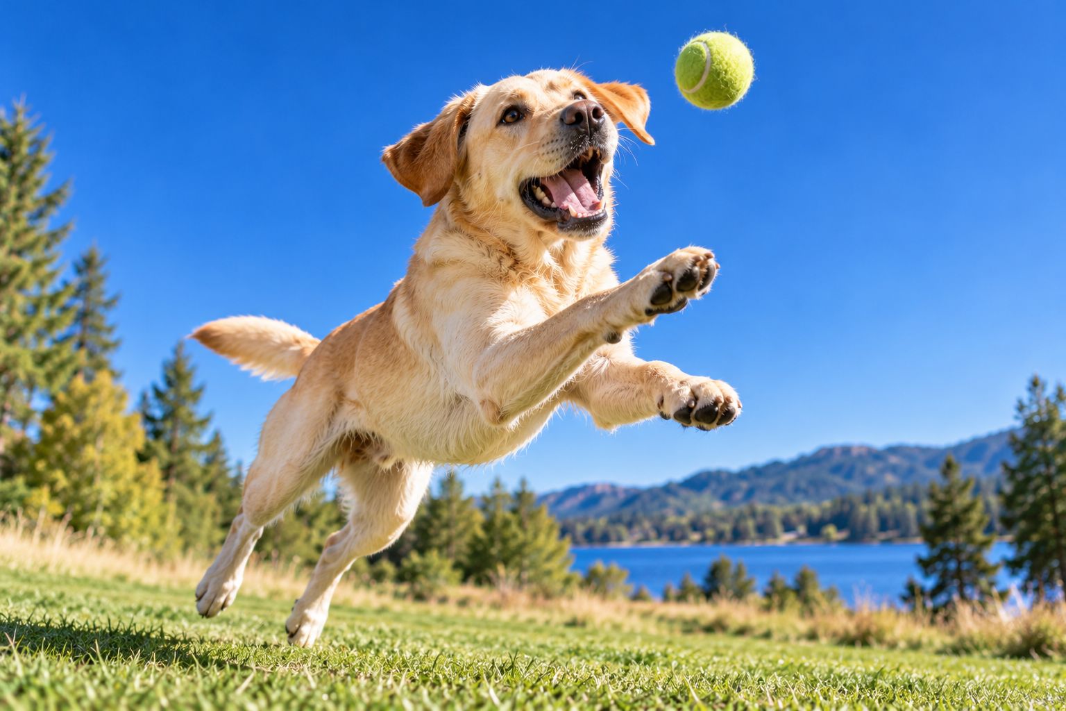 A yellow Labrador leaping to catch a tennis ball