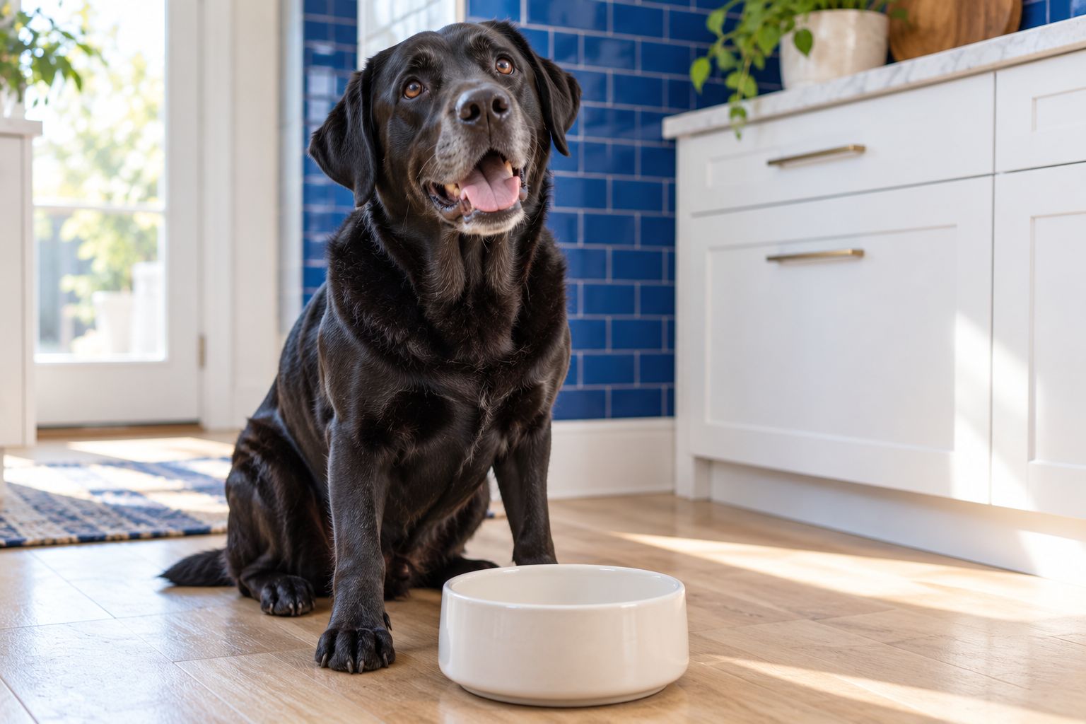 A black Labrador sitting beside a white food bowl in a kitchen