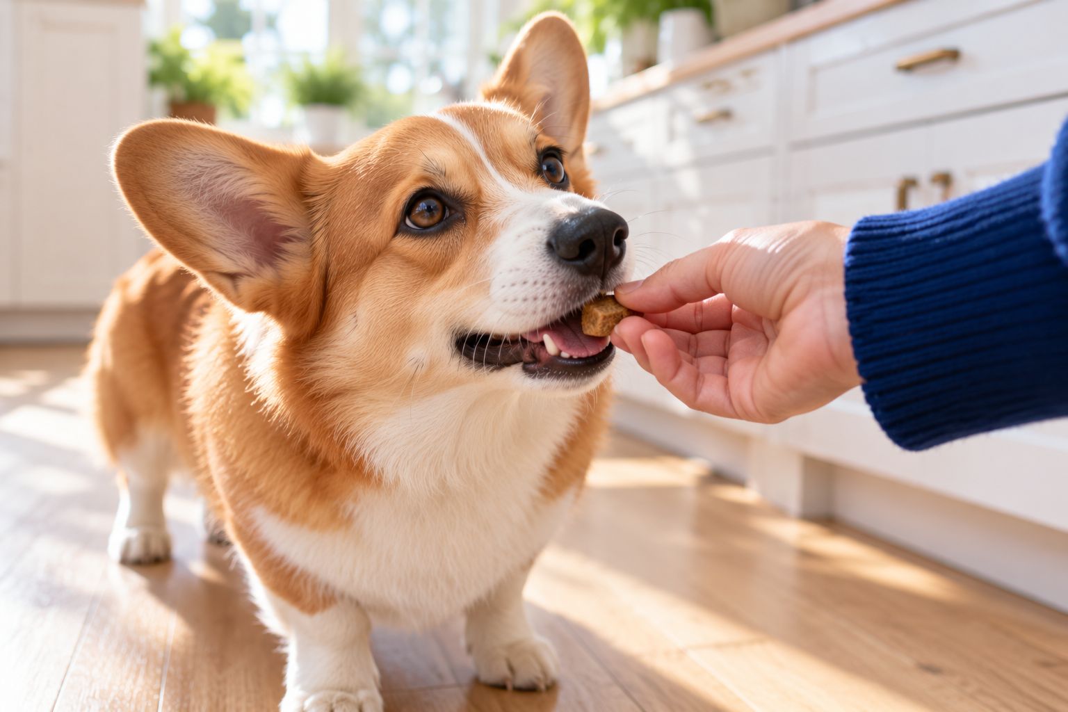 A corgi gently taking a soft chew from a hand