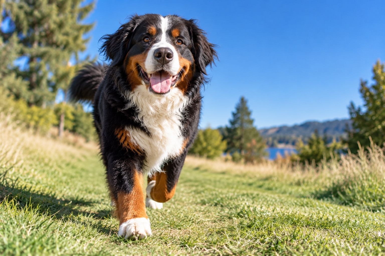 A Bernese mountain dog trotting toward the camera on a grass path