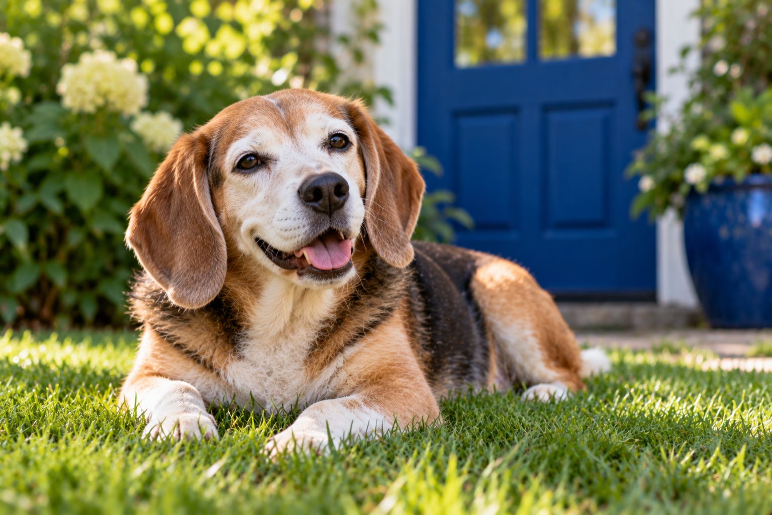 A senior beagle mix resting in the grass