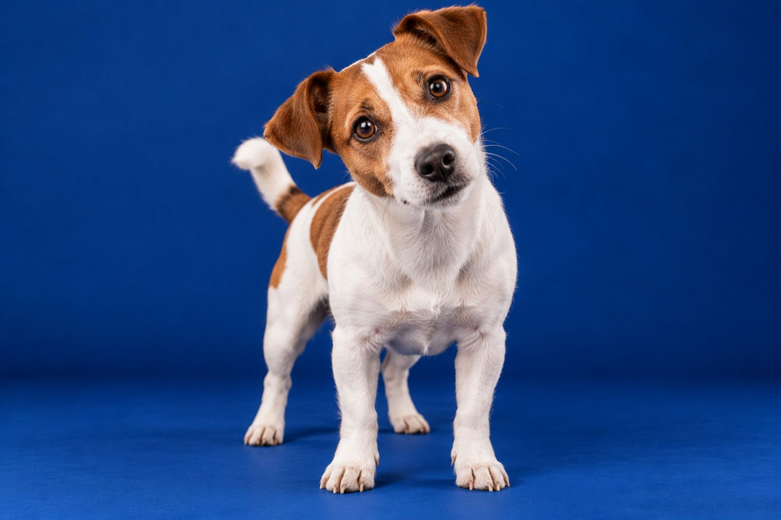 A Jack Russell terrier tilting its head against a blue backdrop