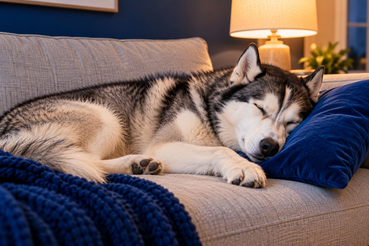 A Siberian husky asleep on a sofa with its head on a blue pillow
