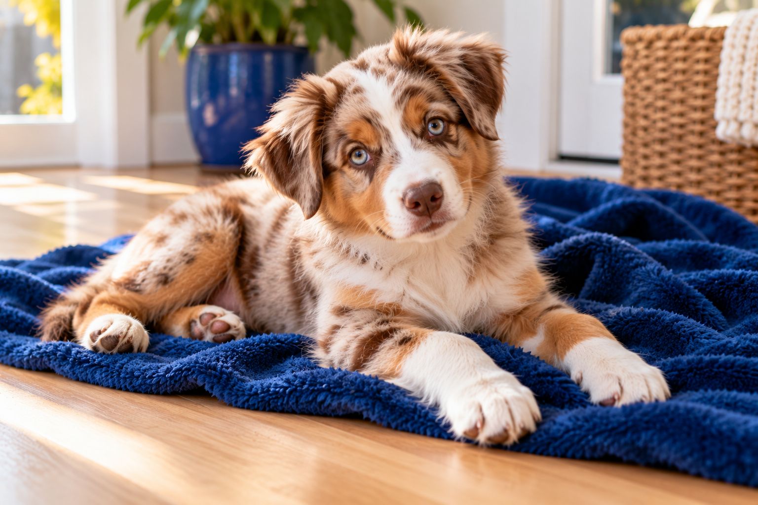 A red merle Australian shepherd puppy on a blue blanket