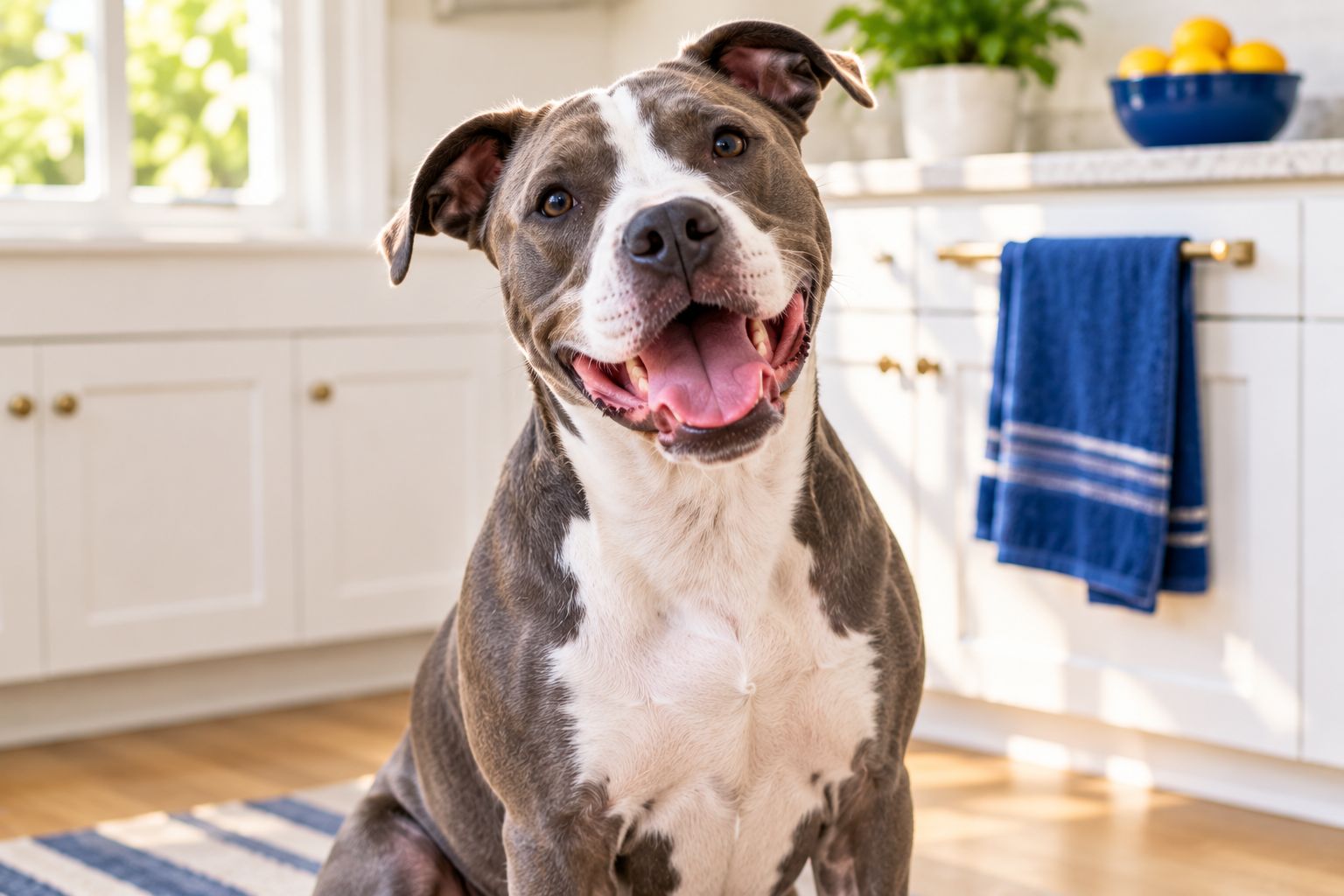 A smiling pit bull mix sitting in a kitchen