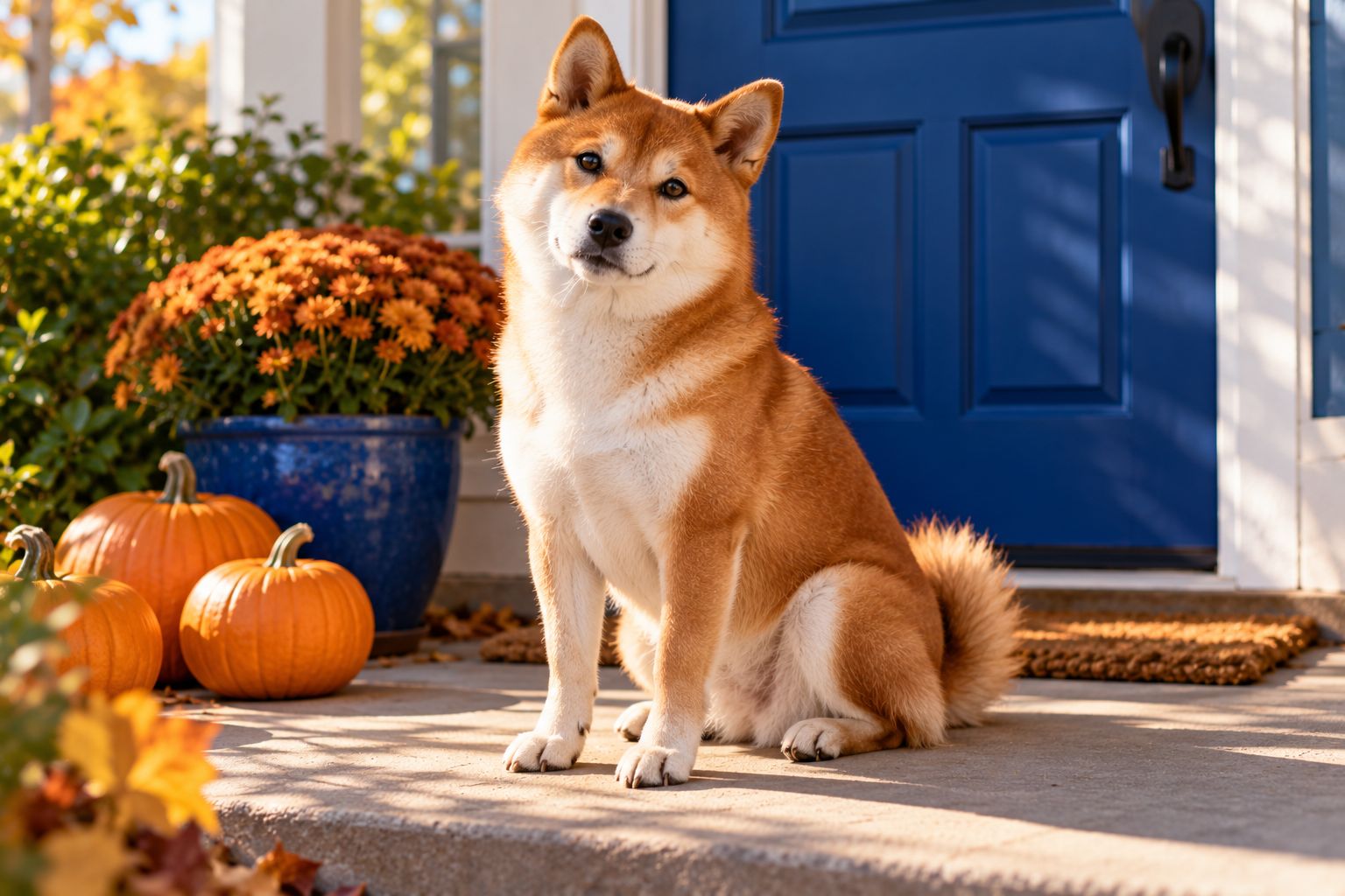 A Shiba Inu sitting on a porch next to small pumpkins