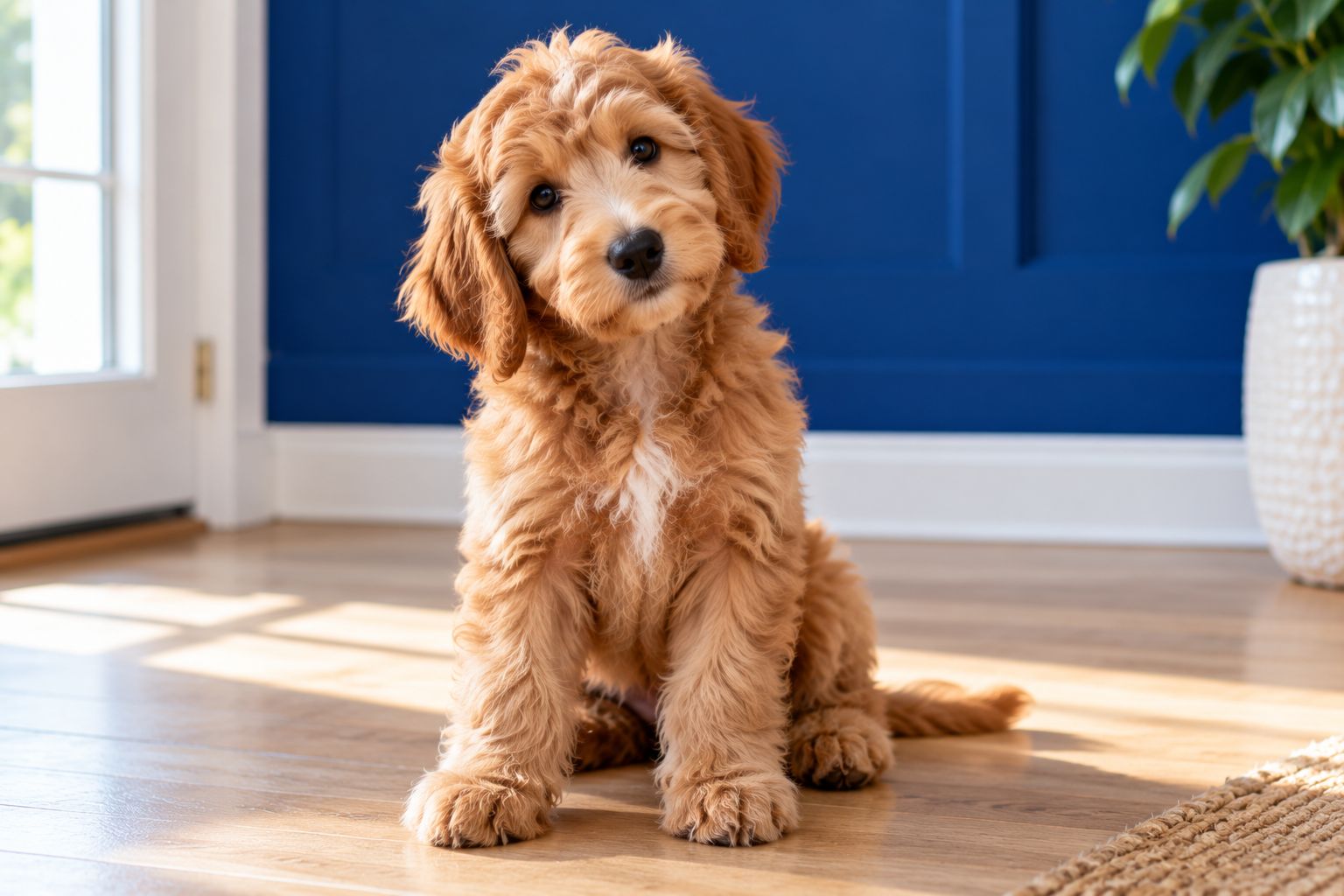 A golden doodle puppy tilting its head