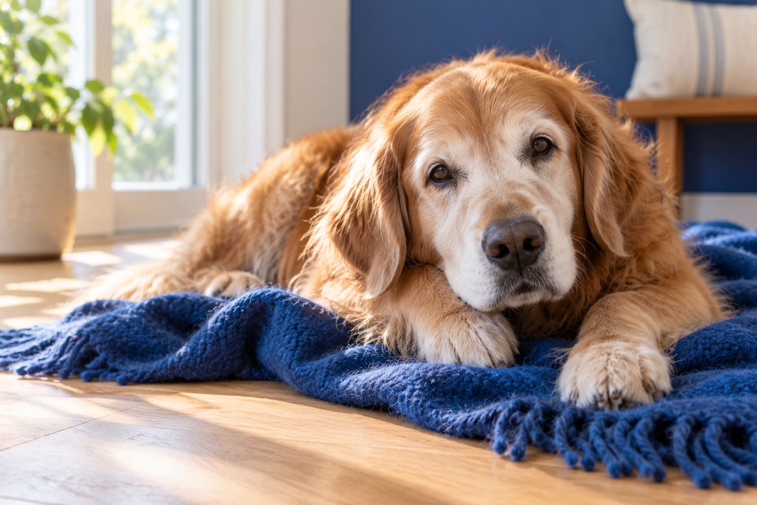 A senior golden retriever with a grey muzzle resting on a blue blanket