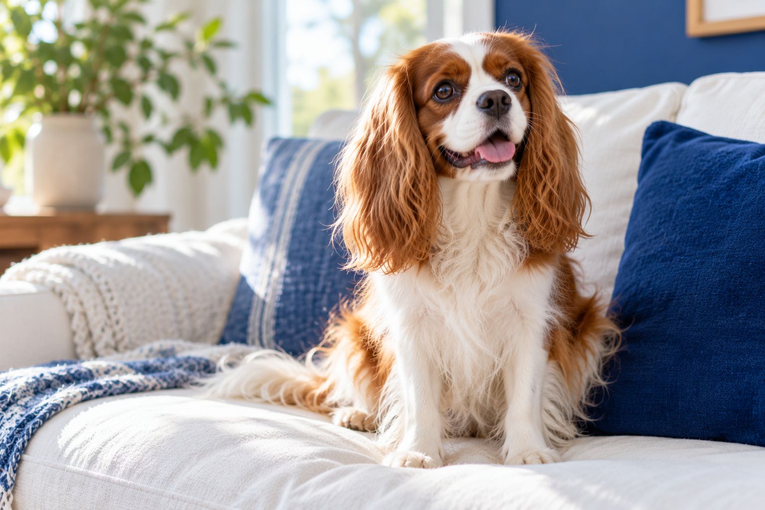 A Cavalier King Charles spaniel sitting on a white sofa