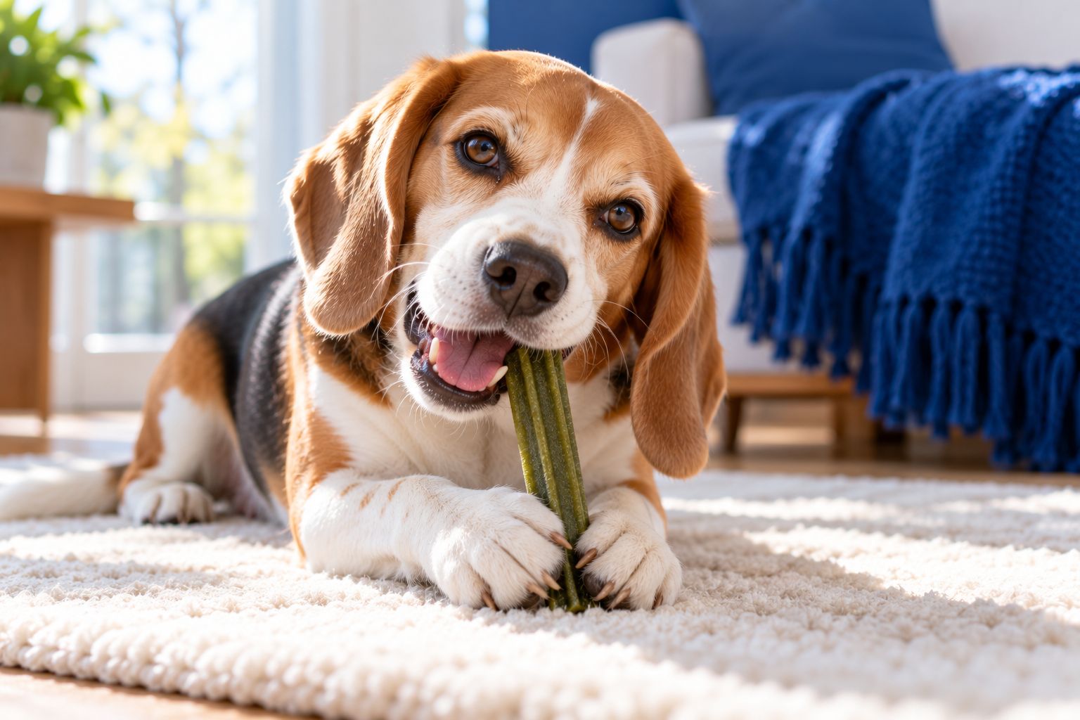 A beagle chewing a green dental chew on a white rug