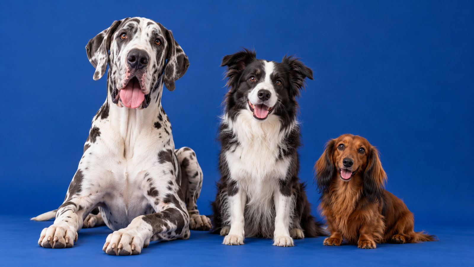 A Great Dane, a border collie and a dachshund sitting side by side