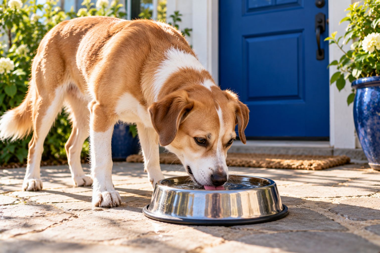 A dog drinking from a steel water bowl on a patio