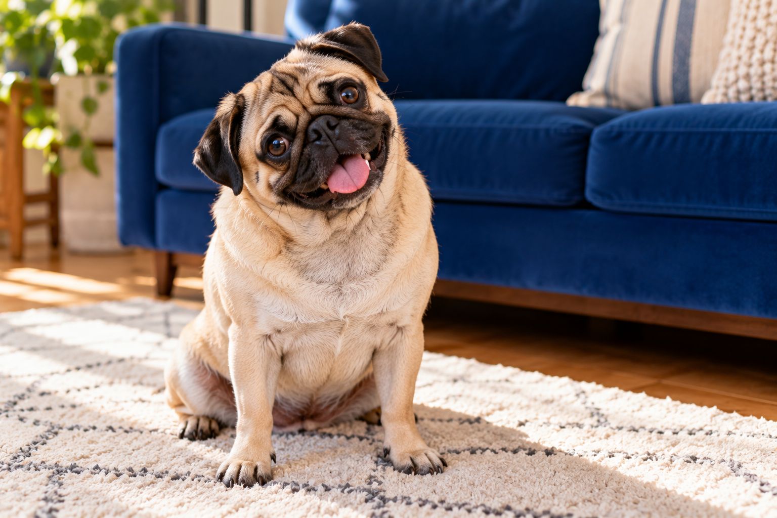A pug sitting on a rug with its head tilted