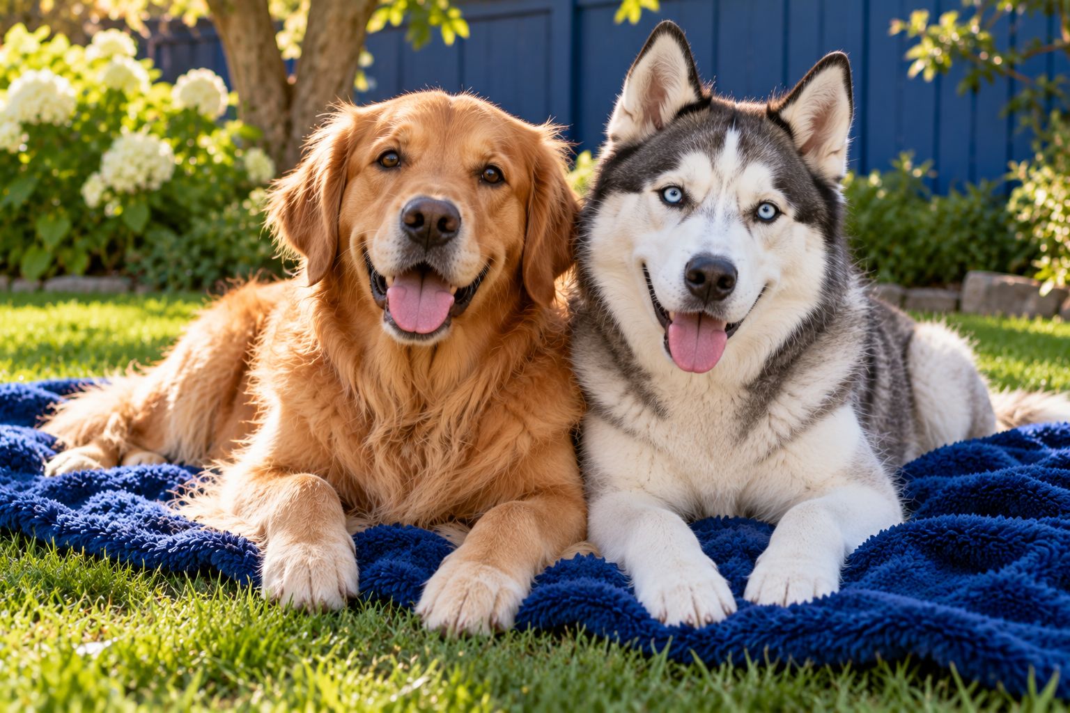 A golden retriever and a husky lying side by side on a blanket